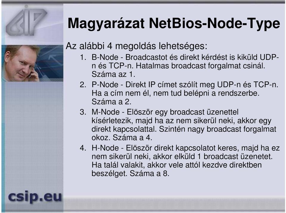 3. M-Node - Elıször egy broadcast üzenettel kísérletezik, majd ha az nem sikerül neki, akkor egy direkt kapcsolattal. Szintén nagy broadcast forgalmat okoz.