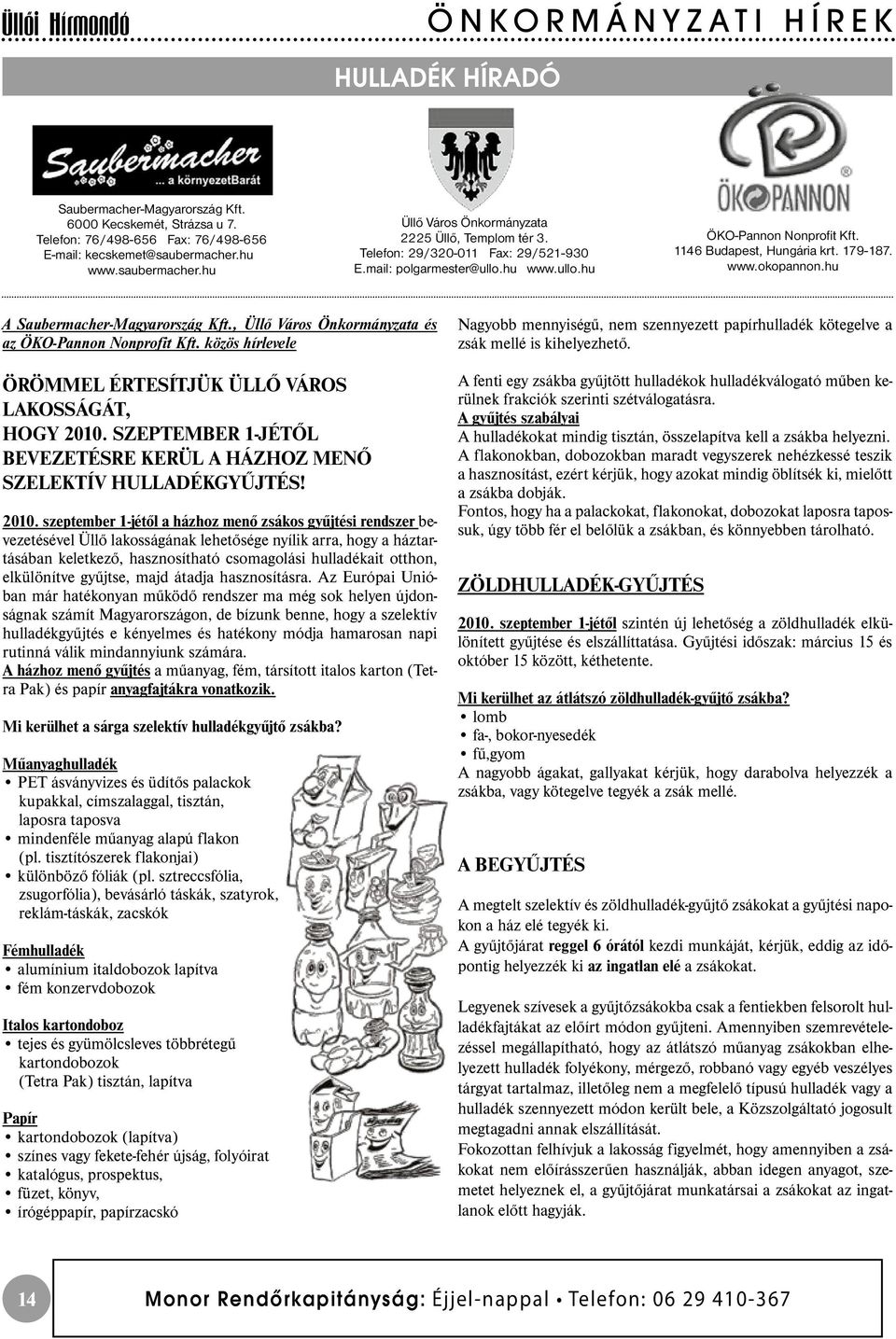 1146 Budapest, Hungária krt. 179-187. www.okopannon.hu A Saubermacher-Magyarország Kft., Üllő Város Önkormányzata és az ÖKO-Pannon Nonprofit Kft.