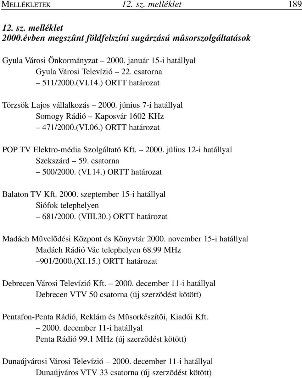 2000. július 12-i hatállyal Szekszárd 59. csatorna 500/2000. (VI.14.) ORTT határozat Balaton TV Kft. 2000. szeptember 15-i hatállyal Siófok telephelyen 681/2000. (VIII.30.