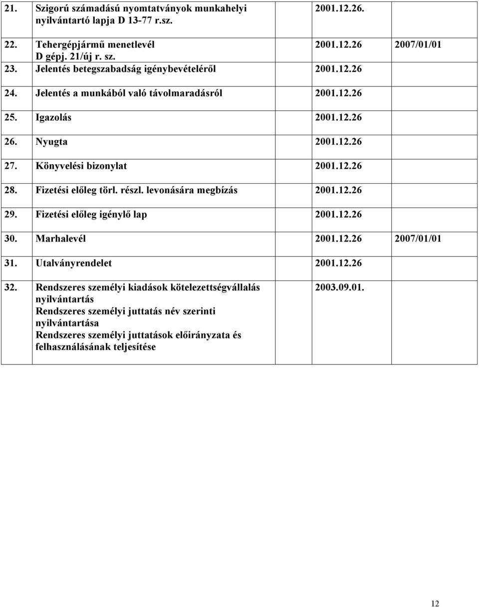 Fizetési előleg törl. részl. levonására megbízás 29. Fizetési előleg igénylő lap 30. Marhalevél 2007/01/01 31. Utalványrendelet 32.