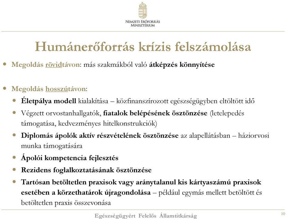 Diplomás ápolók aktív részvételének ösztönzése az alapellátásban háziorvosi munka támogatására Ápolói kompetencia fejlesztés Rezidens foglalkoztatásának ösztönzése