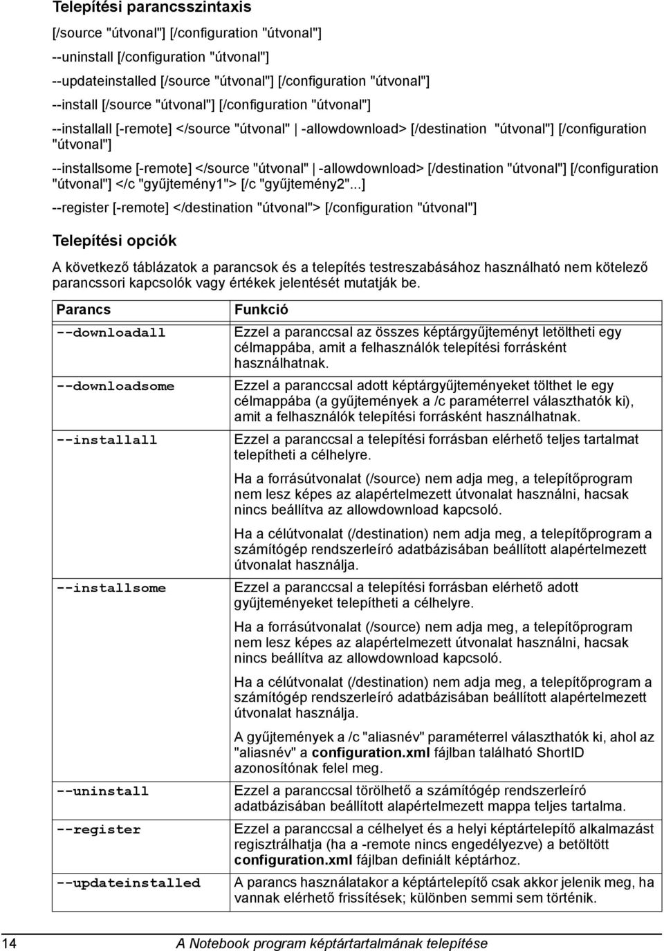 -allowdownload> [/destination "útvonal"] [/configuration "útvonal"] </c "gyűjtemény1"> [/c "gyűjtemény2".