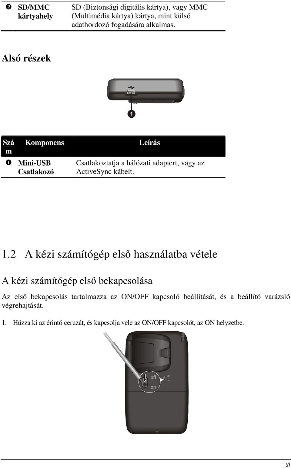 2 A kézi számítógép első használatba vétele A kézi számítógép első bekapcsolása Az első bekapcsolás tartalmazza az ON/OFF kapcsoló