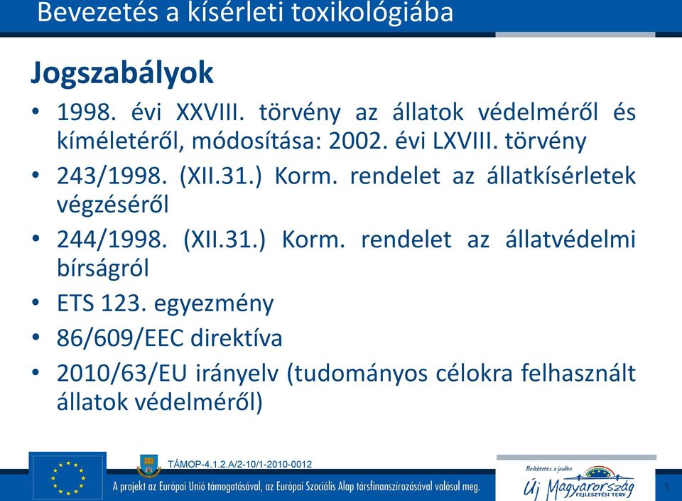 (XII.31.) Korm. rendelet az állatkísérletek végzéséről 244/1998. (XII.31.) Korm. rendelet az állatvédelmi bírságról ETS 123.