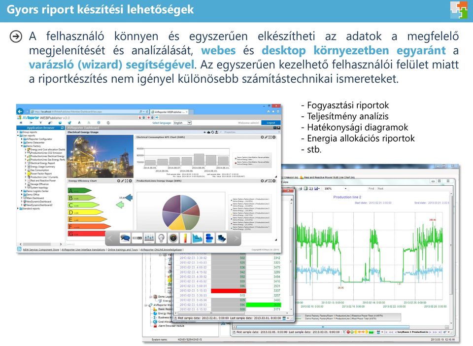 Az egyszerűen kezelhető felhasználói felület miatt a riportkészítés nem igényel különösebb számítástechnikai