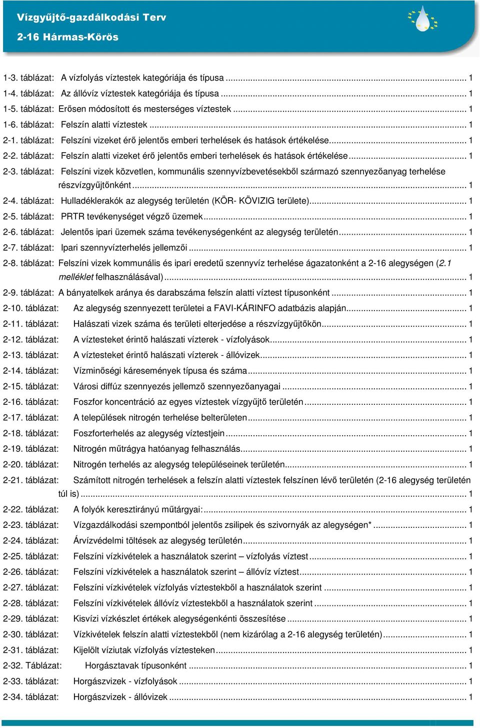 táblázat: Felszín alatti vizeket érő jelentős emberi terhelések és hatások értékelése... 1 2-3.