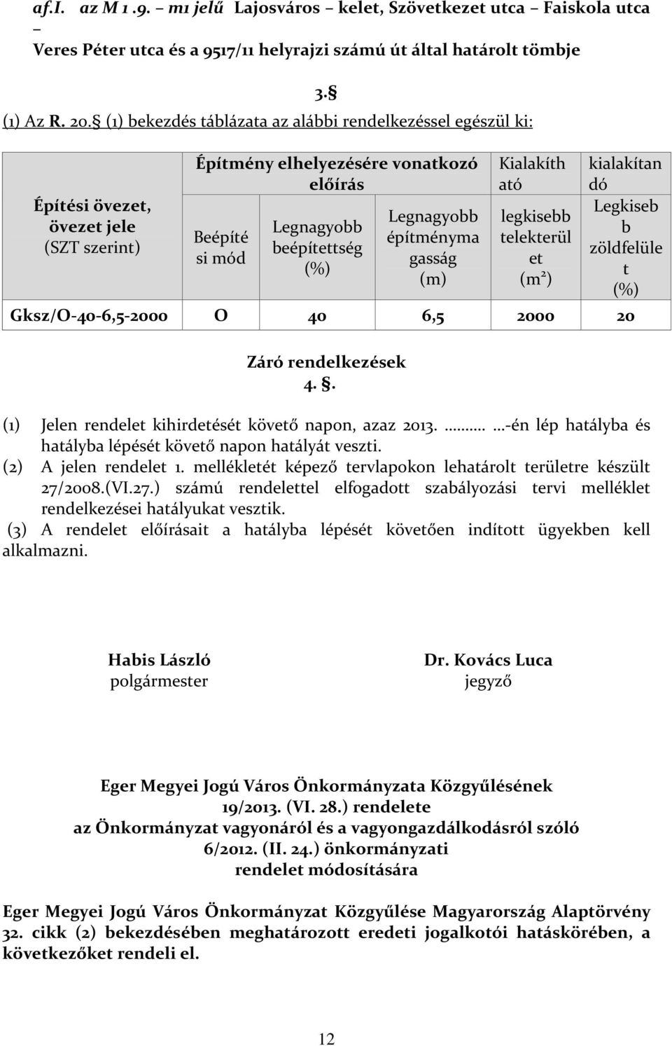 Építmény elhelyezésére vonatkozó előírás Beépíté si mód Legnagyobb beépítettség (%) Legnagyobb építményma gasság (m) Kialakíth ató legkisebb telekterül et (m 2 ) kialakítan dó Legkiseb b zöldfelüle t