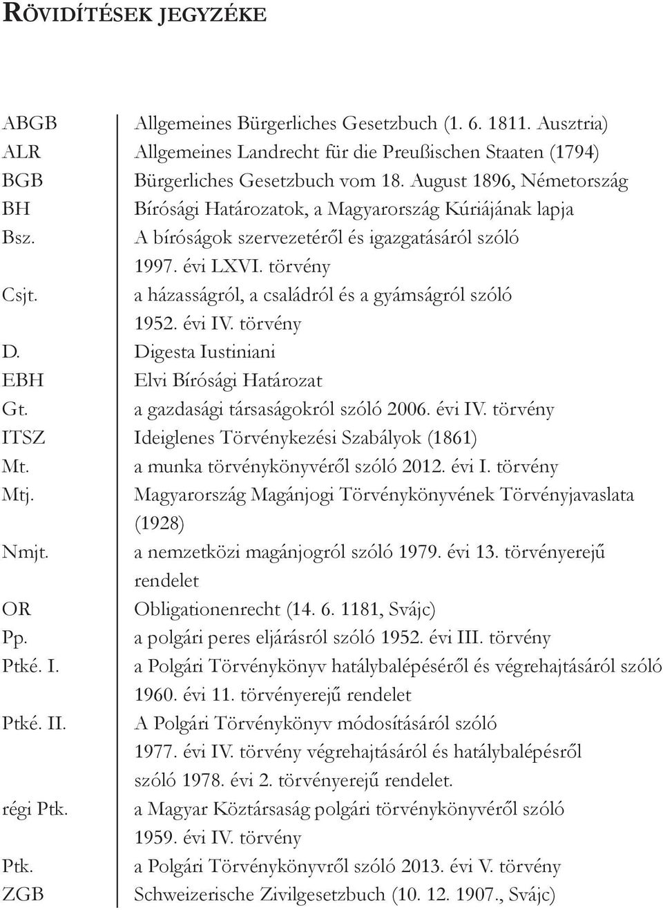 a házasságról, a családról és a gyámságról szóló 1952. évi IV. törvény D. Digesta Iustiniani EBH Elvi Bírósági Határozat Gt. a gazdasági társaságokról szóló 2006. évi IV. törvény ITSZ Ideiglenes Törvénykezési Szabályok (1861) Mt.