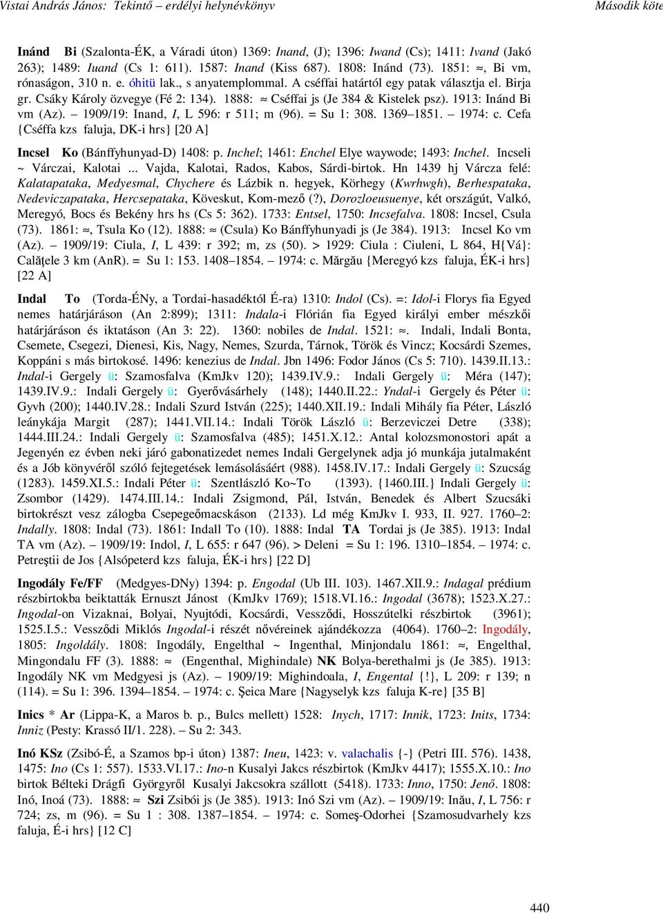 1909/19: Inand, I, L 596: r 511; m (96). = Su 1: 308. 1369 1851. 1974: c. Cefa {Cséffa kzs faluja, DK-i hrs} [20 A] Incsel Ko (Bánffyhunyad-D) 1408: p. Inchel; 1461: Enchel Elye waywode; 1493: Inchel.