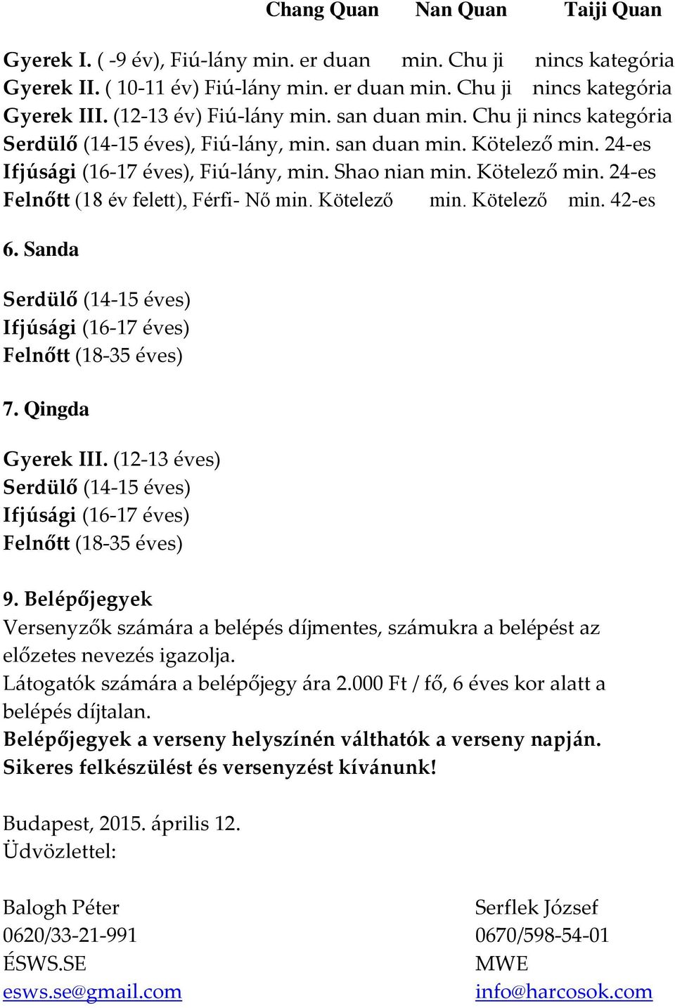 Kötelező min. Kötelező min. 42-es 6. Sanda Serdülő (14-15 éves) Ifjúsági (16-17 éves) Felnőtt (18-35 éves) 7. Qingda Gyerek III.