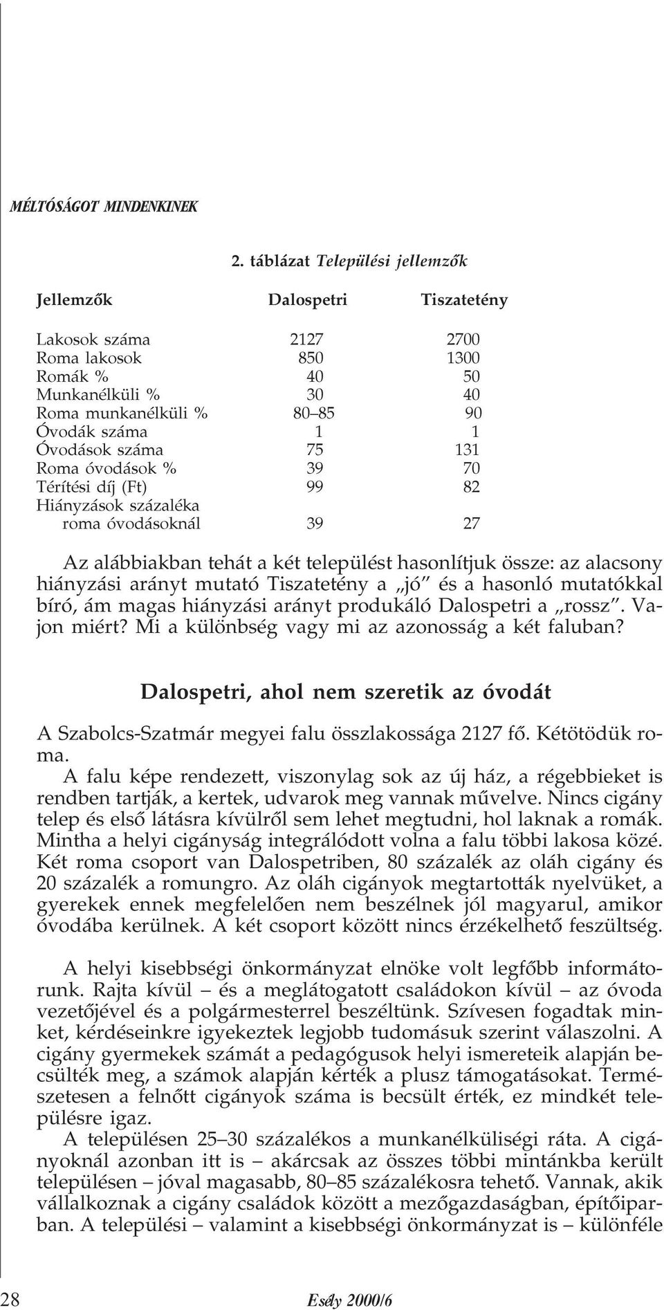 száma 75 131 Roma óvodások % 39 70 Térítési díj (Ft) 99 82 Hiányzások százaléka roma óvodásoknál 39 27 Az alábbiakban tehát a két települést hasonlítjuk össze: az alacsony hiányzási arányt mutató