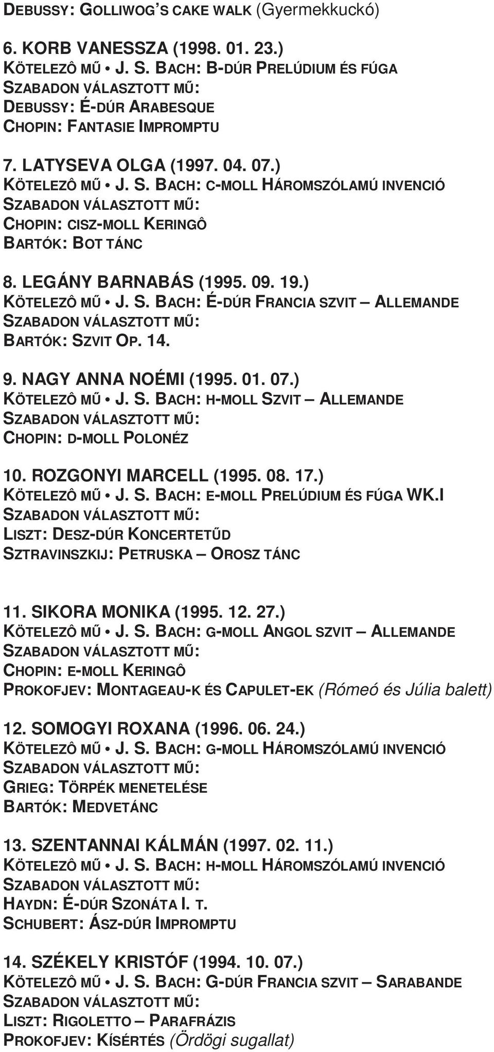 14. 9. NAGY ANNA NOÉMI (1995. 01. 07.) KÖTELEZÔ MŐ J. S. BACH: H-MOLL SZVIT ALLEMANDE CHOPIN: D-MOLL POLONÉZ 10. ROZGONYI MARCELL (1995. 08. 17.) KÖTELEZÔ MŐ J. S. BACH: E-MOLL PRELÚDIUM ÉS FÚGA WK.