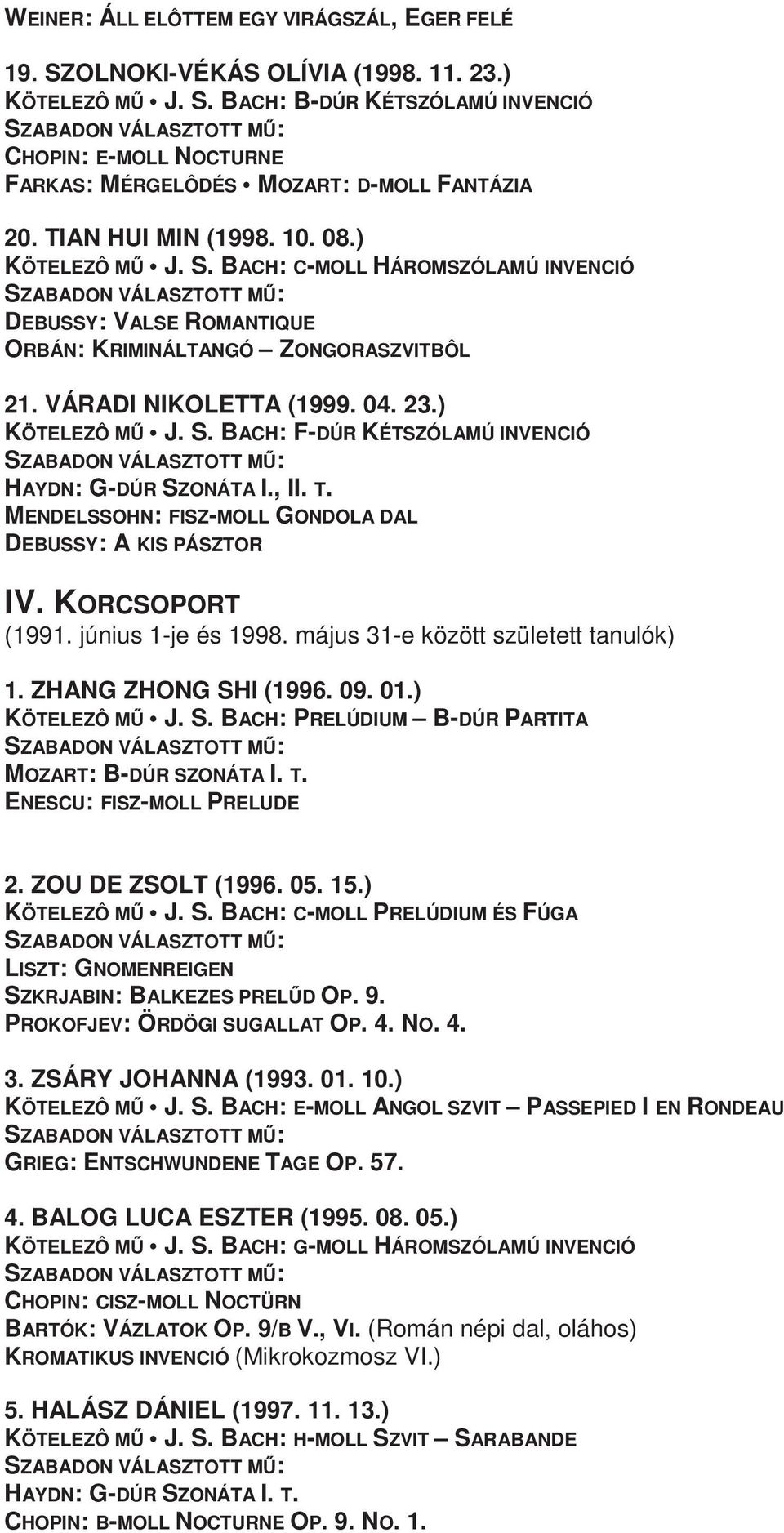 , II. T. MENDELSSOHN: FISZ-MOLL GONDOLA DAL DEBUSSY: A KIS PÁSZTOR IV. KORCSOPORT (1991. június 1-je és 1998. május 31-e között született tanulók) 1. ZHANG ZHONG SH