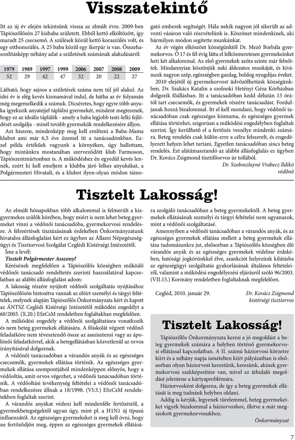 Összehasonlításképp néhány adat a születések számának alakulásáról: 1979 1989 1997 1999 2006 2007 2008 2009 52 29 42 47 32 20 22 27 Látható, hogy sajnos a születések száma nem túl jól alakul.