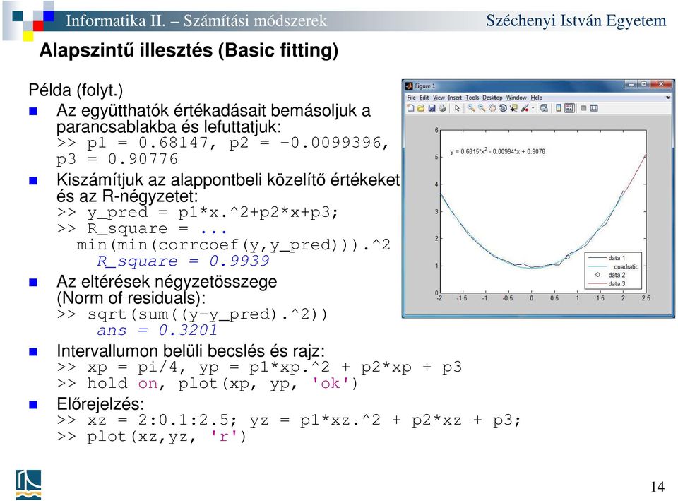 .. min(min(corrcoef(y,y_pred))).^2 R_square = 0.9939 Az eltérések négyzetösszege (Norm of residuals): >> sqrt(sum((y-y_pred).^2)) ans = 0.