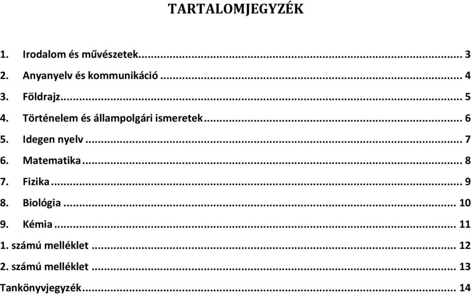 Idegen nyelv... 7 6. Matematika... 8 7. Fizika... 9 8. Biológia... 10 9.