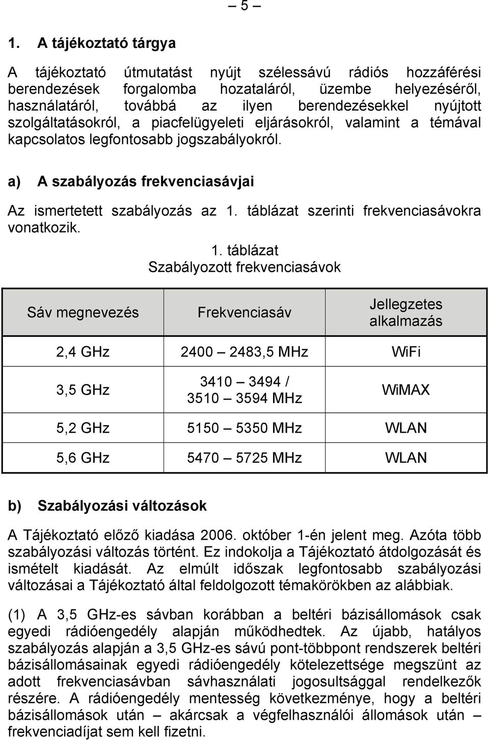 táblázat szerinti frekvenciasávokra vonatkozik. 1.