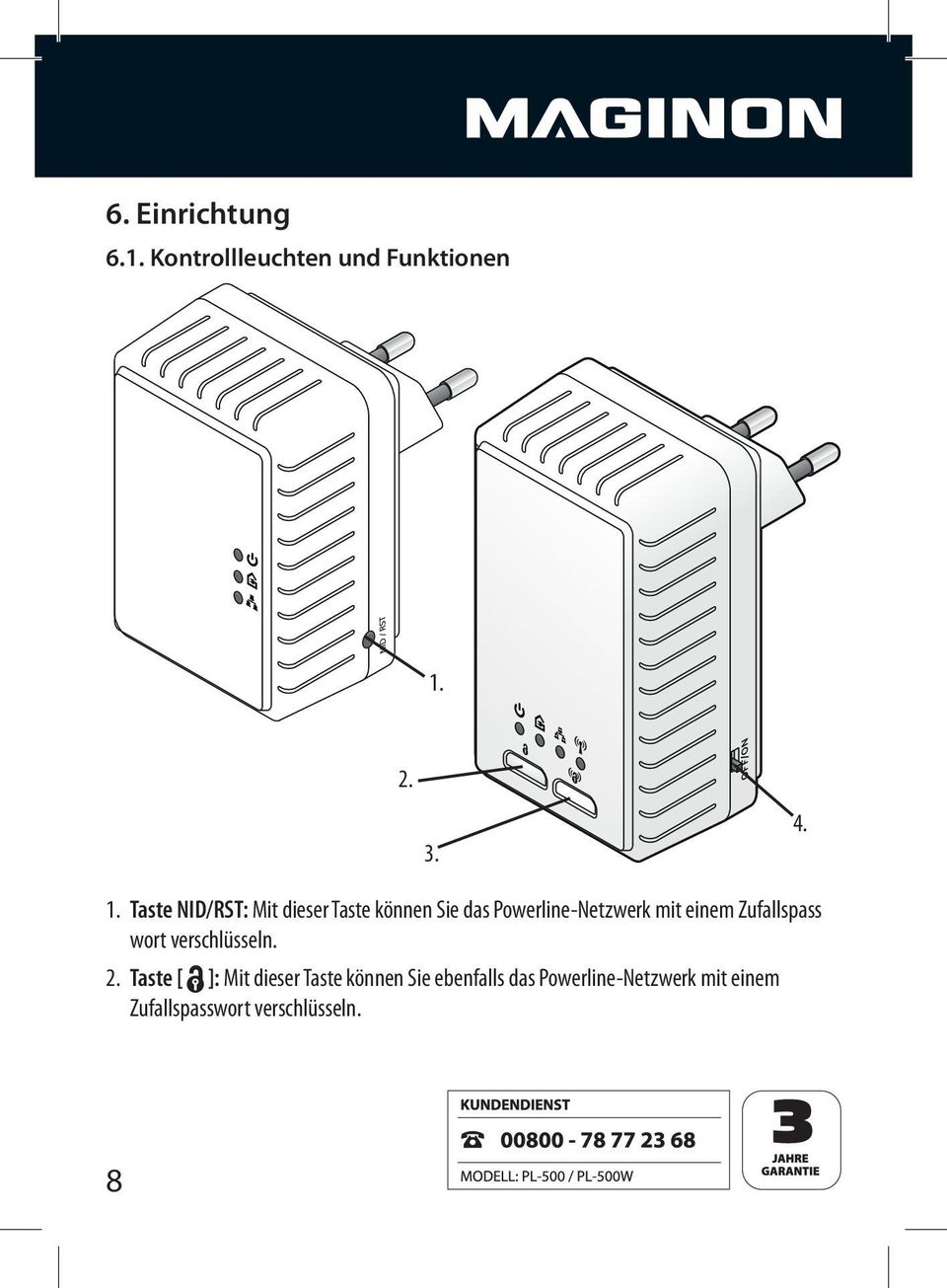 Taste NID/RST: Mit dieser Taste können Sie das Powerline-Netzwerk mit