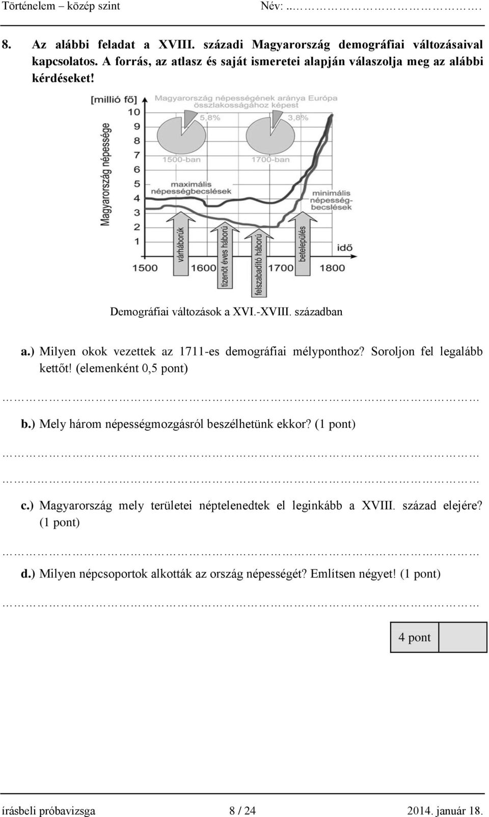 ) Milyen okok vezettek az 1711-es demográfiai mélyponthoz? Soroljon fel legalább kettőt! (elemenként 0,5 pont) b.