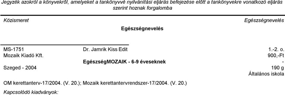 Szeged 2004 OM kerettanterv17/2004. (V. 20.); Mozaik kerettantervrendszer17/2004.