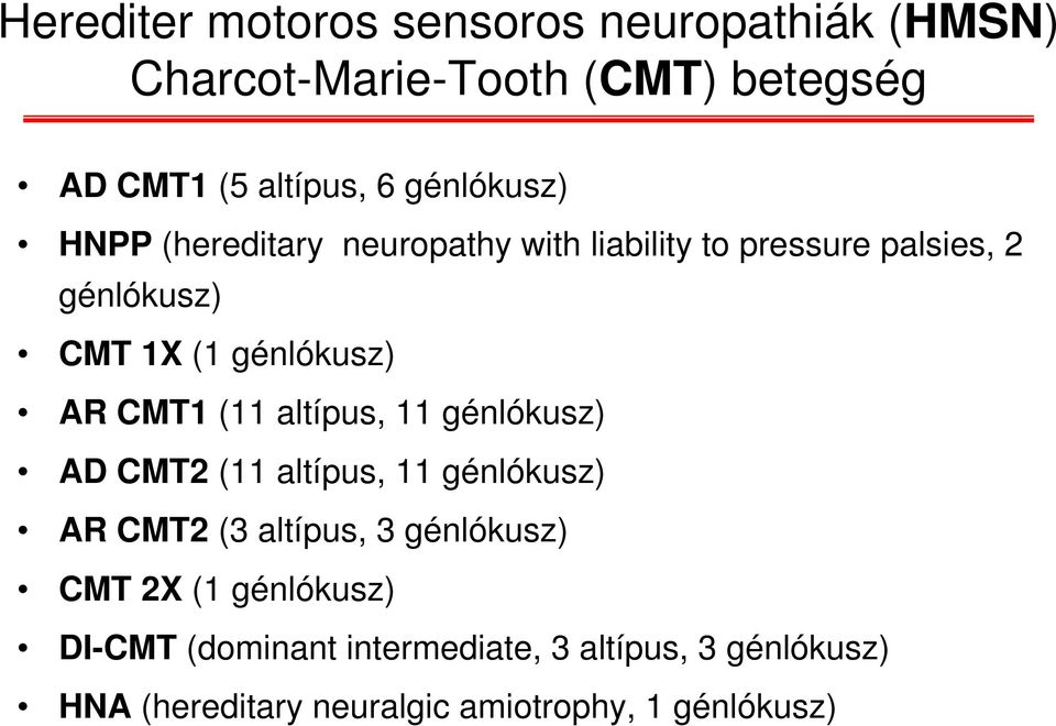 AR CMT1 (11 altípus, 11 génlókusz) AD CMT2 (11 altípus, 11 génlókusz) AR CMT2 (3 altípus, 3 génlókusz) CMT 2X