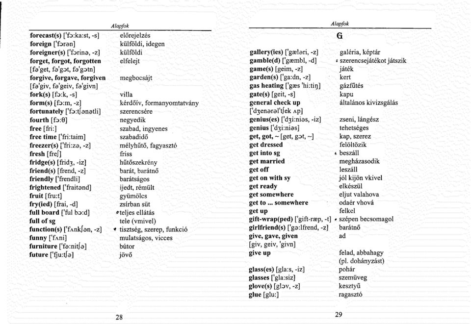 frightened ['fraitand] fruit [fru:t] fry(ied) [frai, -d] full board [ ful bo:d] full of sg function(s) ['fankjan, -z] funny ffani] furniture ['famitja] future ['fju:tja] előrejelzés külföldi, idegen