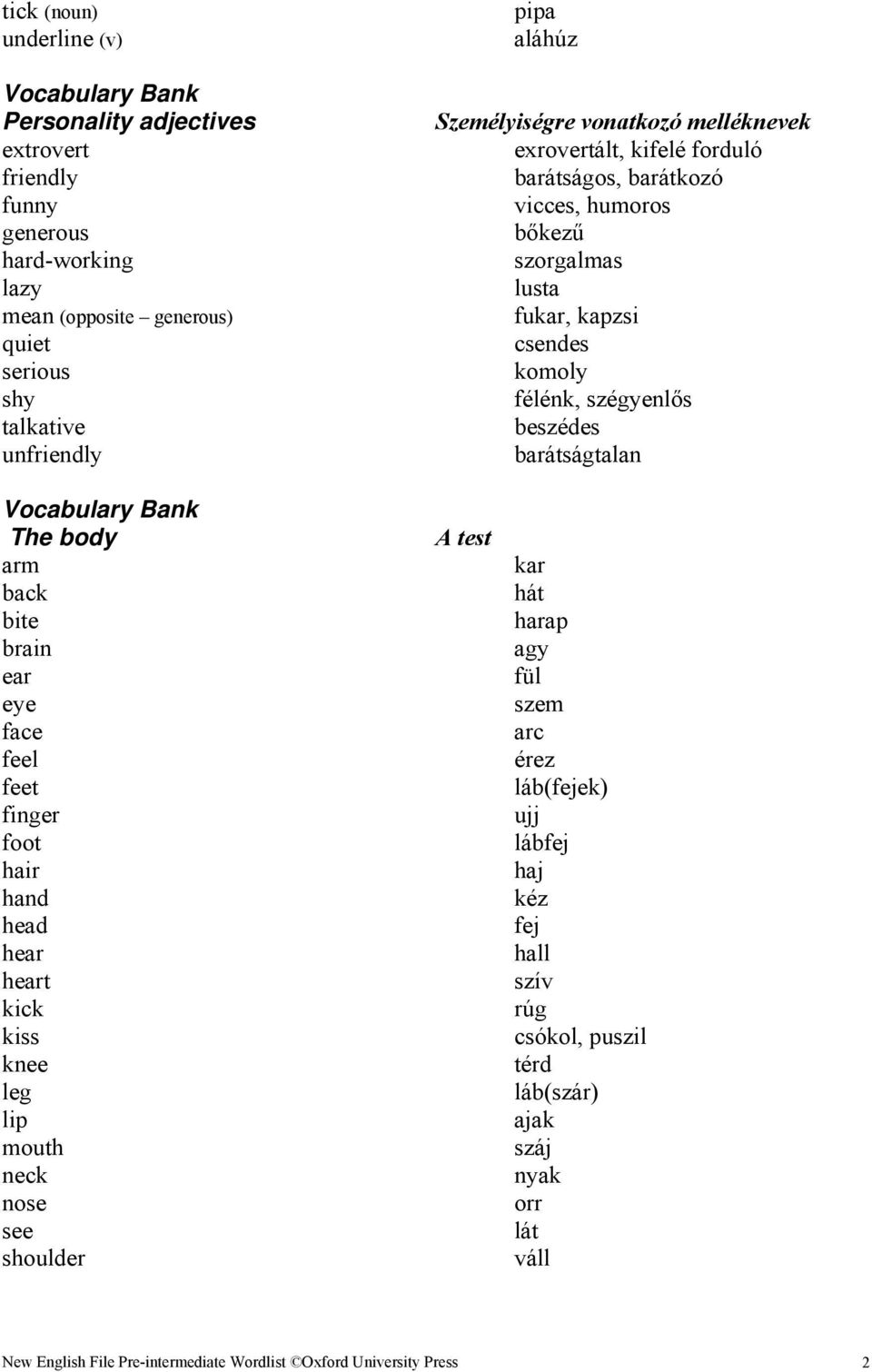 barátságtalan The body arm back bite brain ear eye face feel feet finger foot hair hand head hear heart kick kiss knee leg lip mouth neck nose see shoulder A test kar hát harap agy