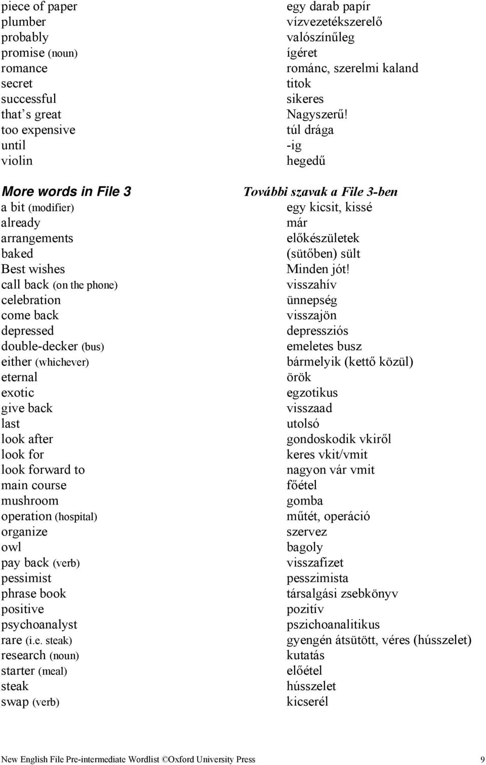 organize owl pay back (verb) pessimist phrase book positive psychoanalyst rare (i.e. steak) research (noun) starter (meal) steak swap (verb) egy darab papír vízvezetékszerelő valószínűleg ígéret románc, szerelmi kaland titok sikeres Nagyszerű!