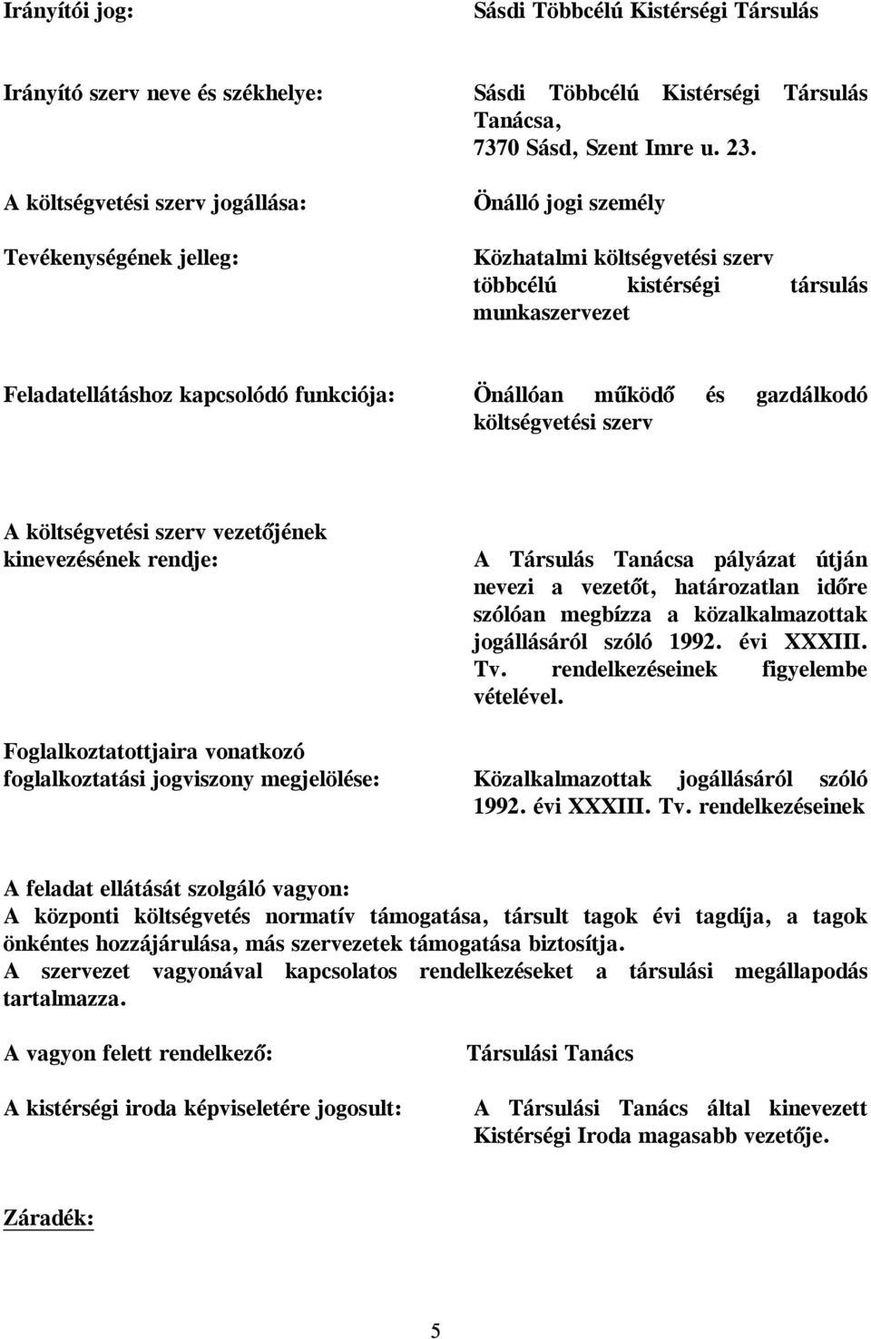 Önálló jogi személy Közhatalmi költségvetési szerv többcélú kistérségi társulás munkaszervezet Feladatellátáshoz kapcsolódó funkciója: Önállóan működő és gazdálkodó költségvetési szerv A