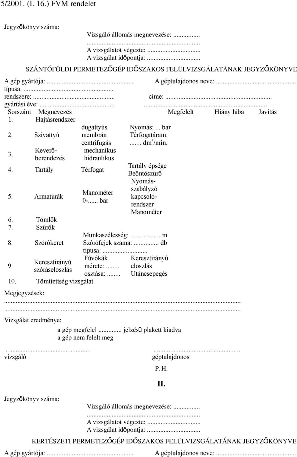 dugattyús membrán centrifugás mechanikus hidraulikus 4. Tartály Térfogat 5. Armatúrák 6. Tömlők 7. Szűrők 8. Szórókeret 9. Keresztirányú szóráseloszlás 10. Tömítettség vizsgálat Manométer 0-.