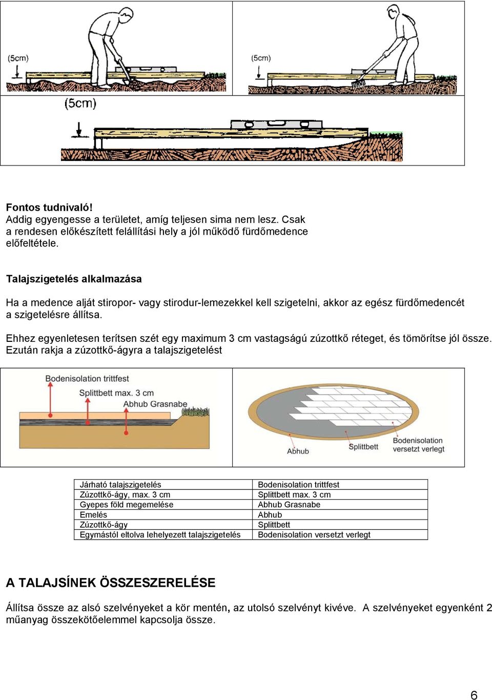 Ehhez egyenletesen terítsen szét egy maximum 3 cm vastagságú zúzottkő réteget, és tömörítse jól össze. Ezután rakja a zúzottkő-ágyra a talajszigetelést Járható talajszigetelés Zúzottkő-ágy, max.