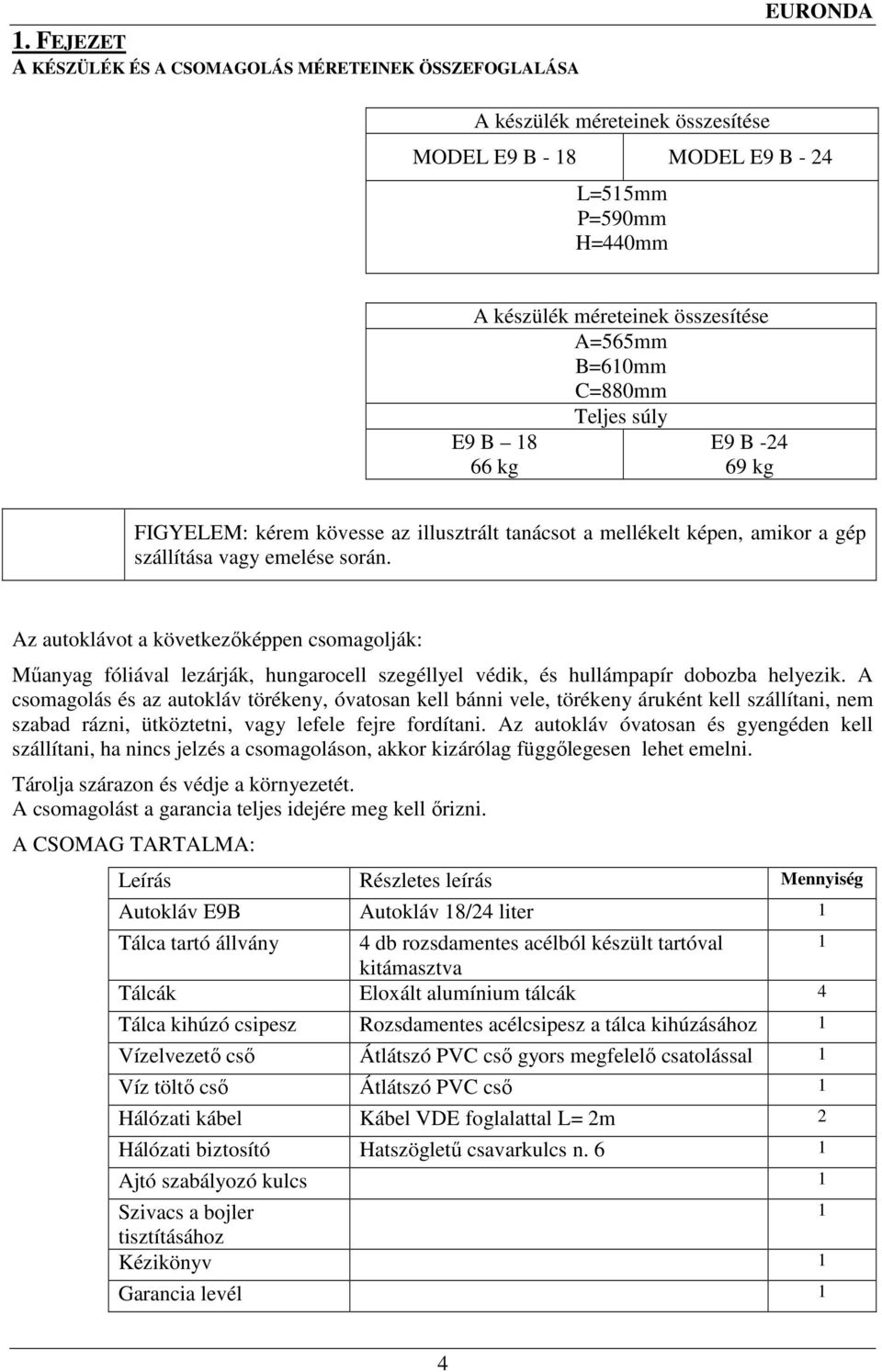 Az autoklávot a következıképpen csomagolják: Mőanyag fóliával lezárják, hungarocell szegéllyel védik, és hullámpapír dobozba helyezik.