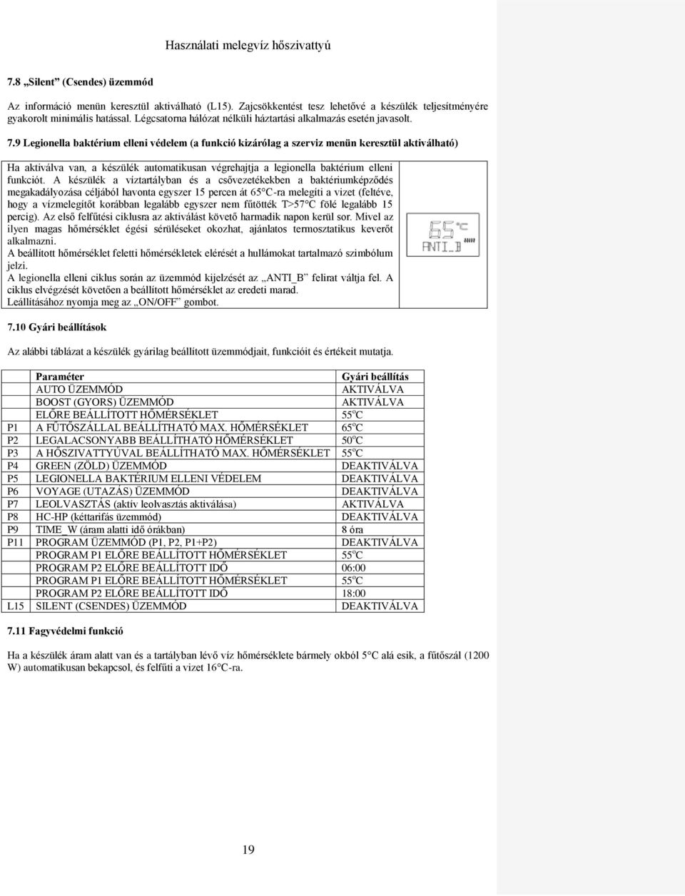 9 Legionella baktérium elleni védelem (a funkció kizárólag a szerviz menün keresztül aktiválható) Ha aktiválva van, a készülék automatikusan végrehajtja a legionella baktérium elleni funkciót.