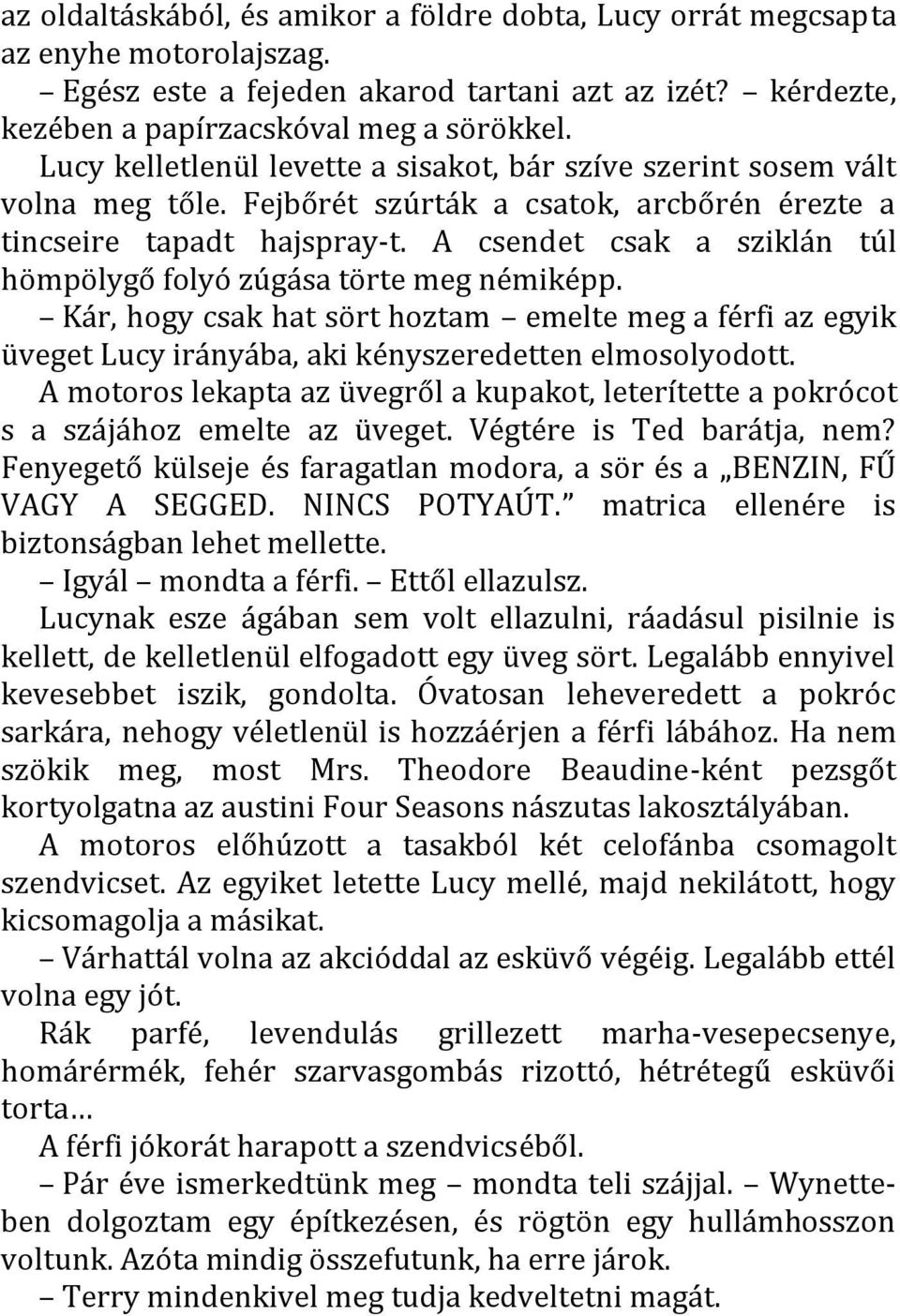 A csendet csak a sziklán túl hömpölygő folyó zúgása törte meg némiképp. Kár, hogy csak hat sört hoztam emelte meg a férfi az egyik üveget Lucy irányába, aki kényszeredetten elmosolyodott.