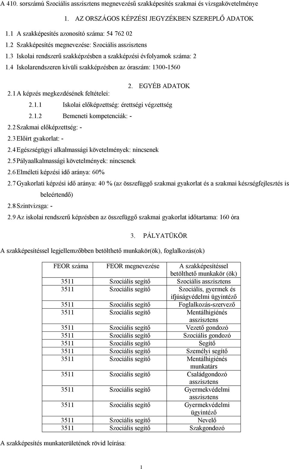 EGYÉB ADATOK 2.1 A képzés megkezdésének feltételei: 2.1.1 Iskolai előképzettség: érettségi végzettség 2.1.2 Bemeneti kompetenciák: - 2.2 Szakmai előképzettség: - 2.3 Előírt gyakorlat: - 2.