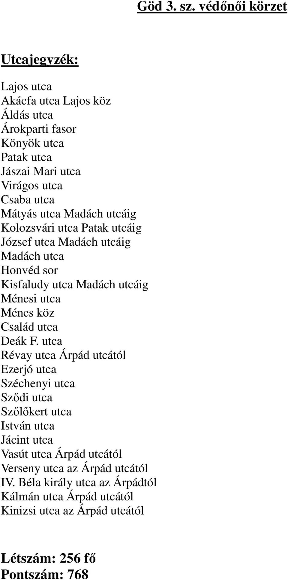 Madách utcáig Kolozsvári utca Patak utcáig József utca Madách utcáig Madách utca Honvéd sor Kisfaludy utca Madách utcáig Ménesi utca Ménes köz Család