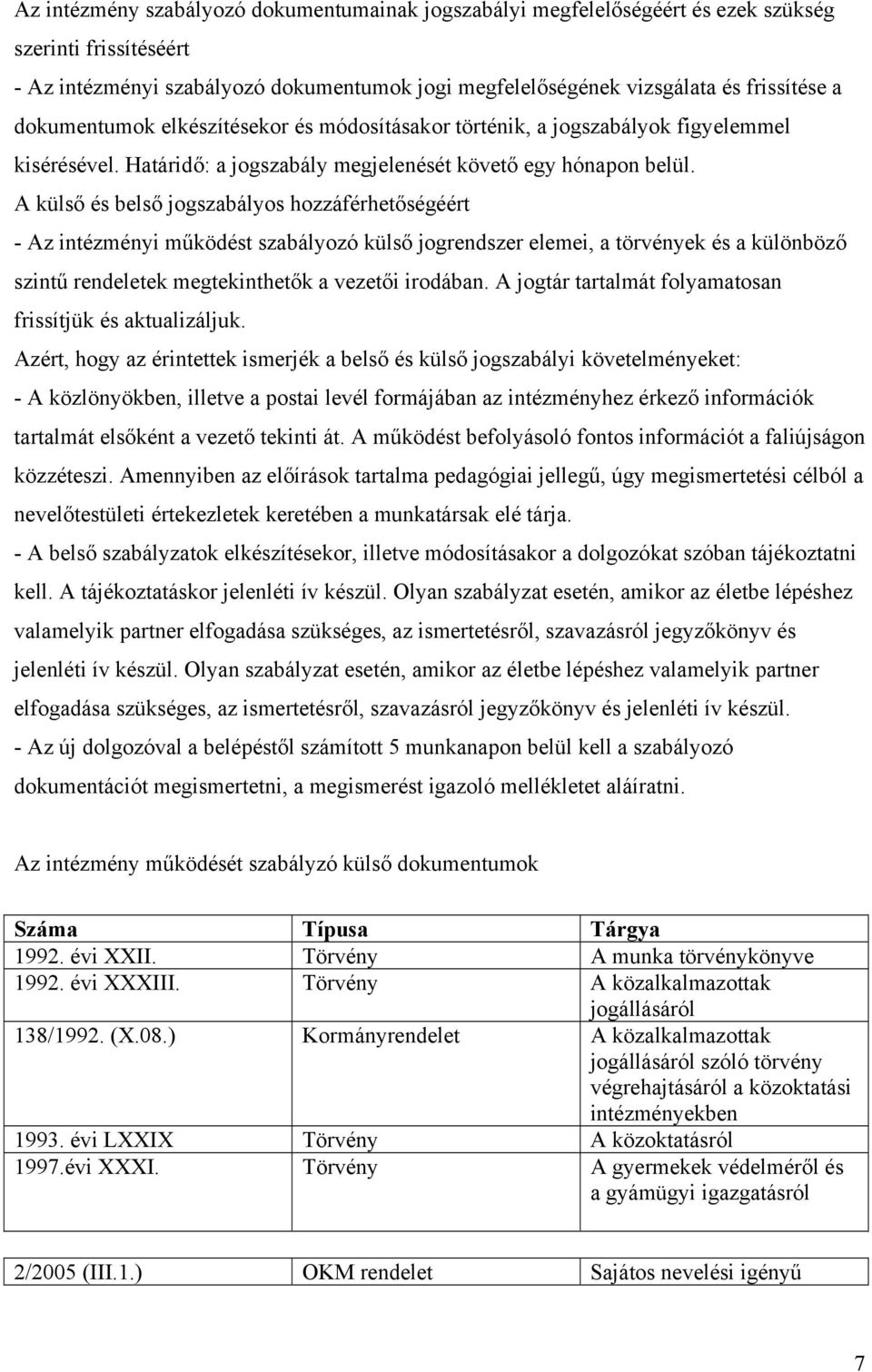 A külső és belső jogszabályos hozzáférhetőségéért - Az intézményi működést szabályozó külső jogrendszer elemei, a törvények és a különböző szintű rendeletek megtekinthetők a vezetői irodában.