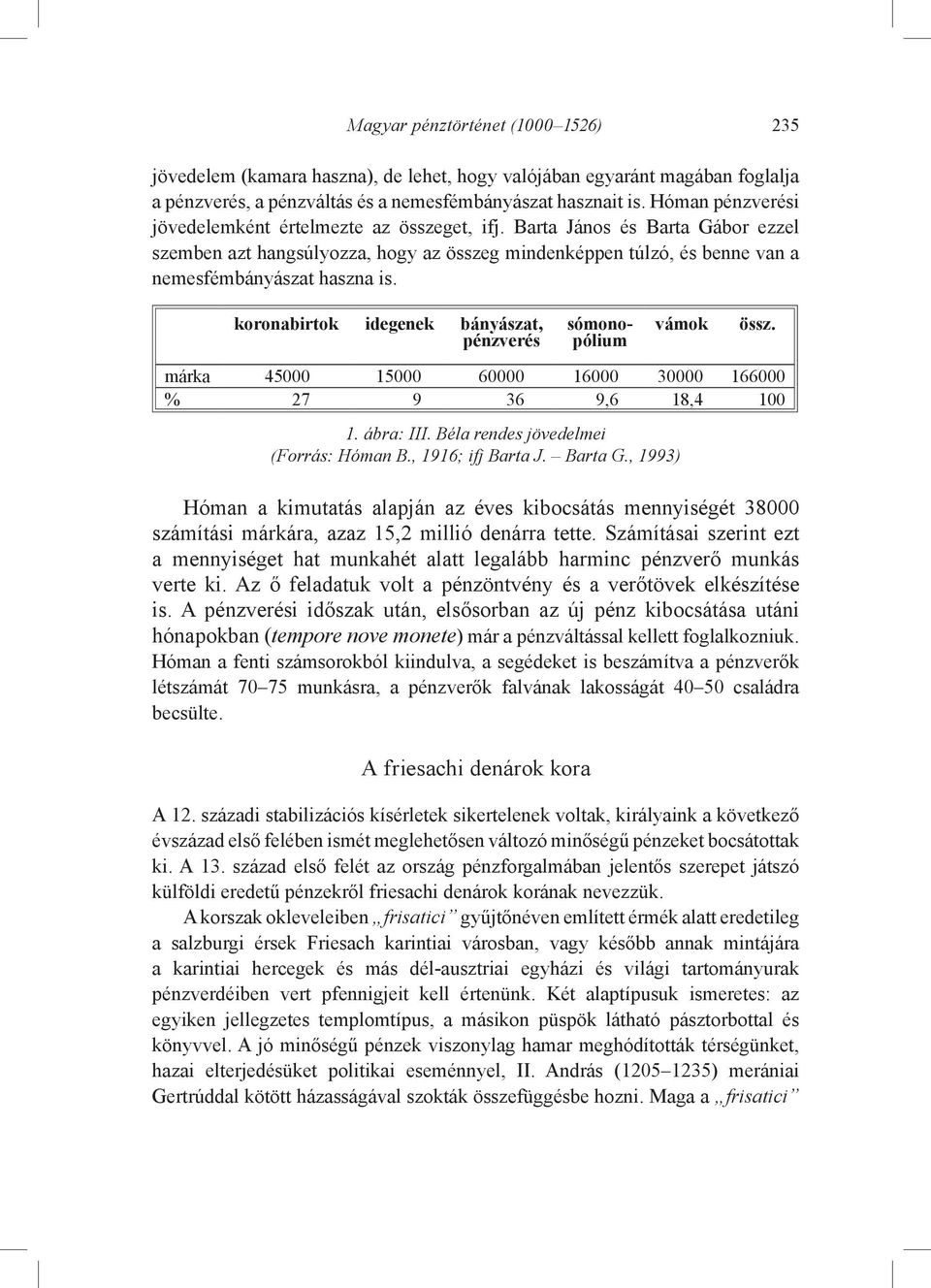 koronabirtok idegenek bányászat, pénzverés sómonopólium vámok össz. márka 45000 15000 60000 16000 30000 166000 % 27 9 36 9,6 18,4 100 1. ábra: III. Béla rendes jövedelmei (Forrás: Hóman B.