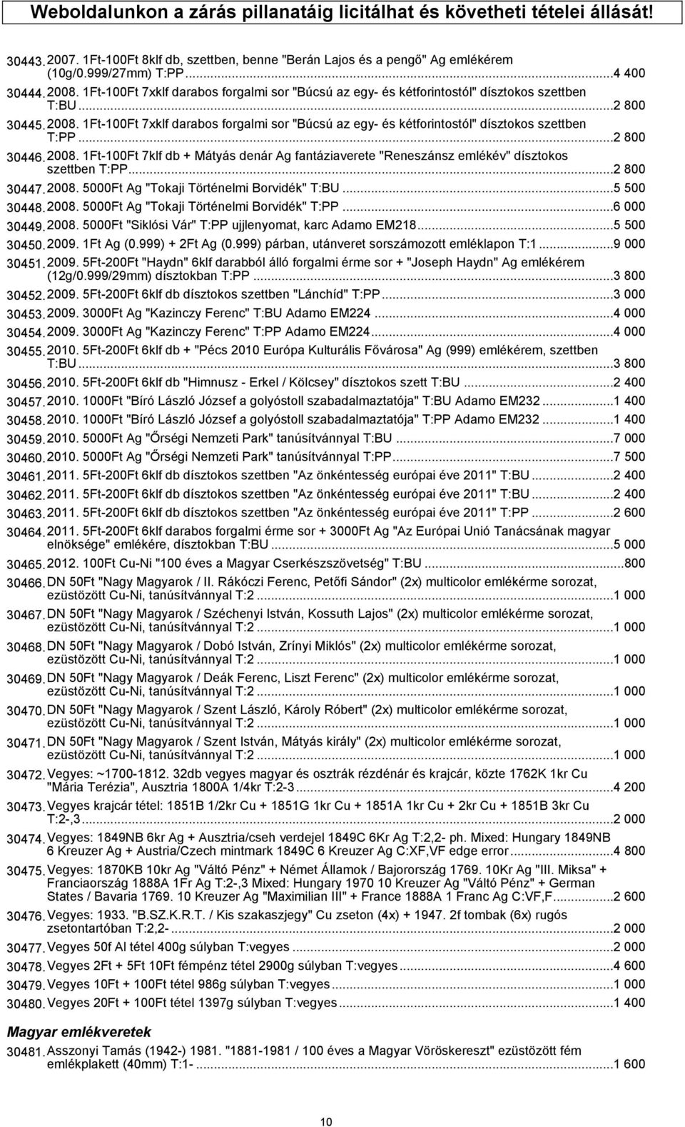..2 800 30446.2008. 1Ft-100Ft 7klf db + Mátyás denár Ag fantáziaverete "Reneszánsz emlékév" dísztokos szettben T:PP...2 800 30447.2008. 5000Ft Ag "Tokaji Történelmi Borvidék" T:BU...5 500 30448.2008. 5000Ft Ag "Tokaji Történelmi Borvidék" T:PP.