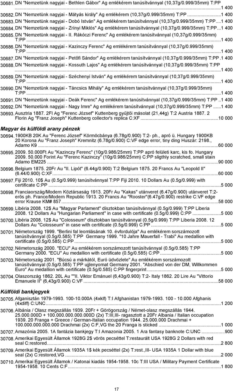 DN "Nemzetünk nagyjai - II. Rákóczi Ferenc" Ag emlékérem tanúsítvánnyal (10,37g/0.999/35mm) T:PP...1 400 30686.DN "Nemzetünk nagyjai - Kazinczy Ferenc" Ag emlékérem tanúsítvánnyal (10,37g/0.