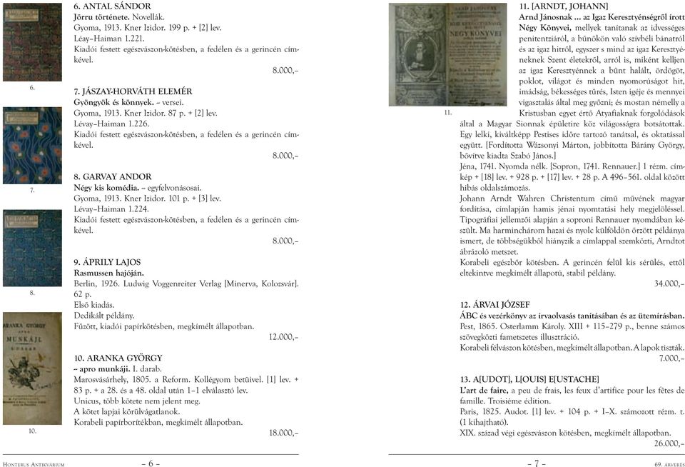 Gyoma, 1913. Kner Izidor. 101 p. + [3] lev. Lévay Haiman 1.224. Kiadói festett egészvászon-kötésben, a fedélen és a gerincén címkével. 9. ÁPRILY LAJOS Rasmussen hajóján. Berlin, 1926.