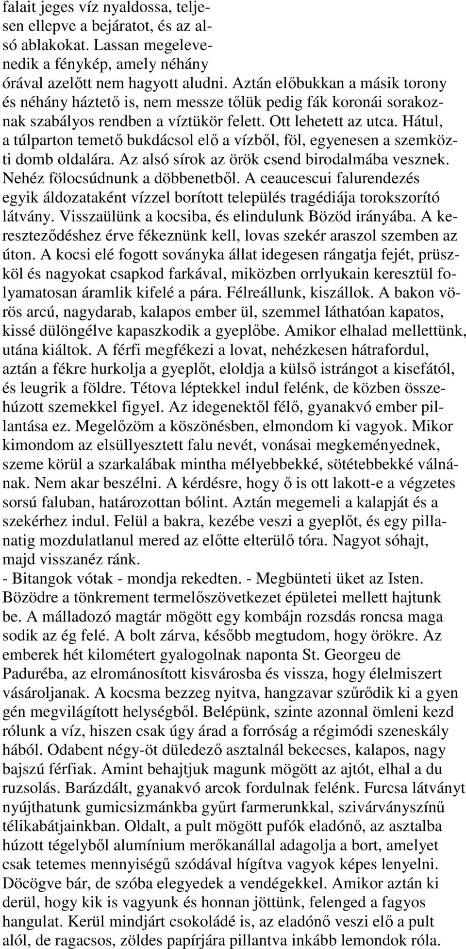 Hátul, a túlparton temető bukdácsol elő a vízből, föl, egyenesen a szemközti domb oldalára. Az alsó sírok az örök csend birodalmába vesznek. Nehéz fölocsúdnunk a döbbenetből.