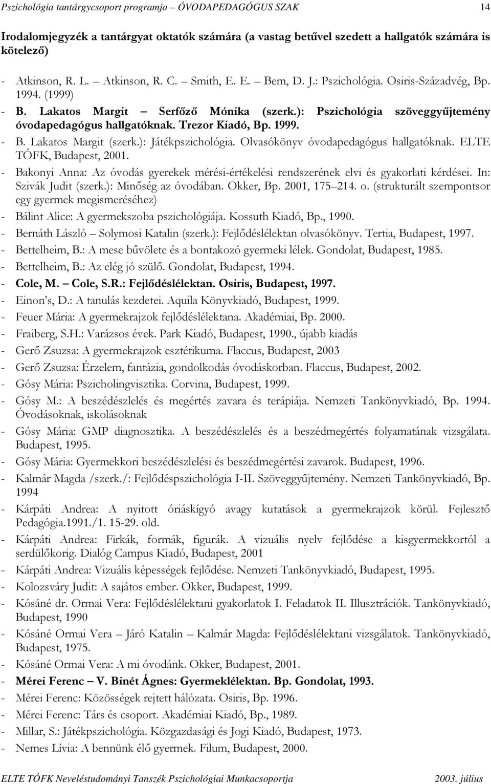 1999. - B. Lakatos Margit (szerk.): Játékpszichológia. Olvasókönyv óvodapedagógus hallgatóknak. ELTE TÓFK, Budapest, 2001.