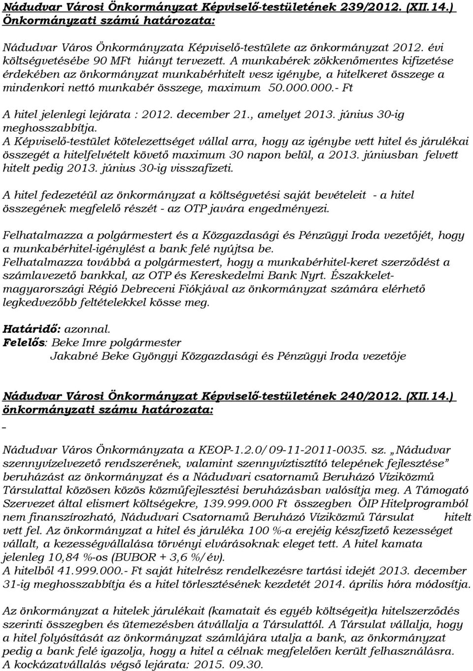 A munkabérek zökkenőmentes kifizetése érdekében az önkormányzat munkabérhitelt vesz igénybe, a hitelkeret összege a mindenkori nettó munkabér összege, maximum 50.000.