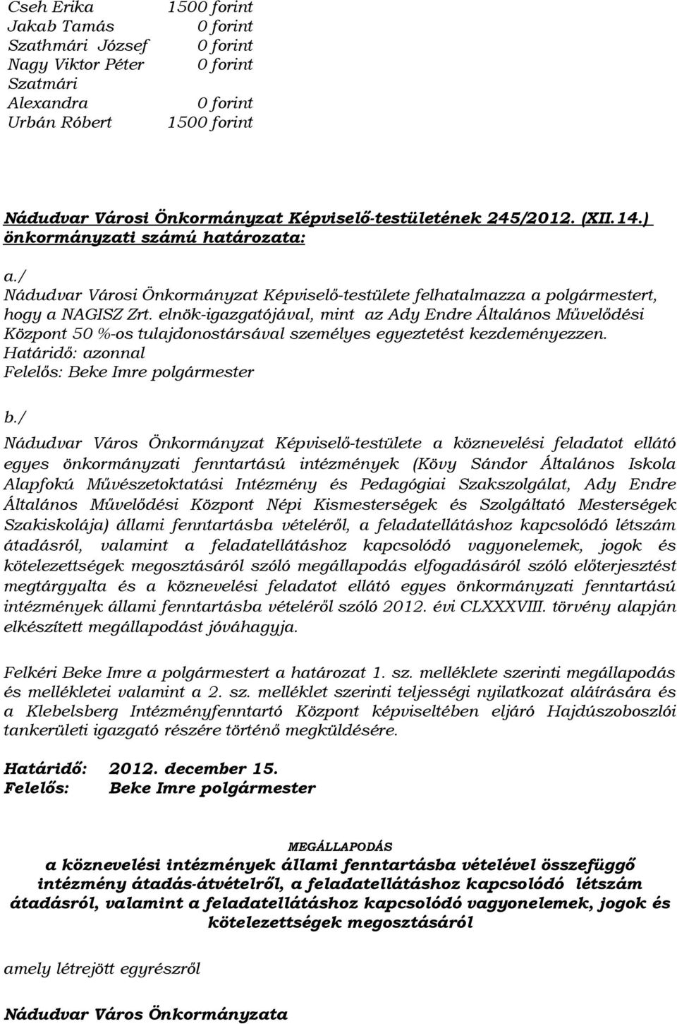 elnök-igazgatójával, mint az Ady Endre Általános Művelődési Központ 50 %-os tulajdonostársával személyes egyeztetést kezdeményezzen. Határidő: azonnal Felelős: Beke Imre polgármester b.