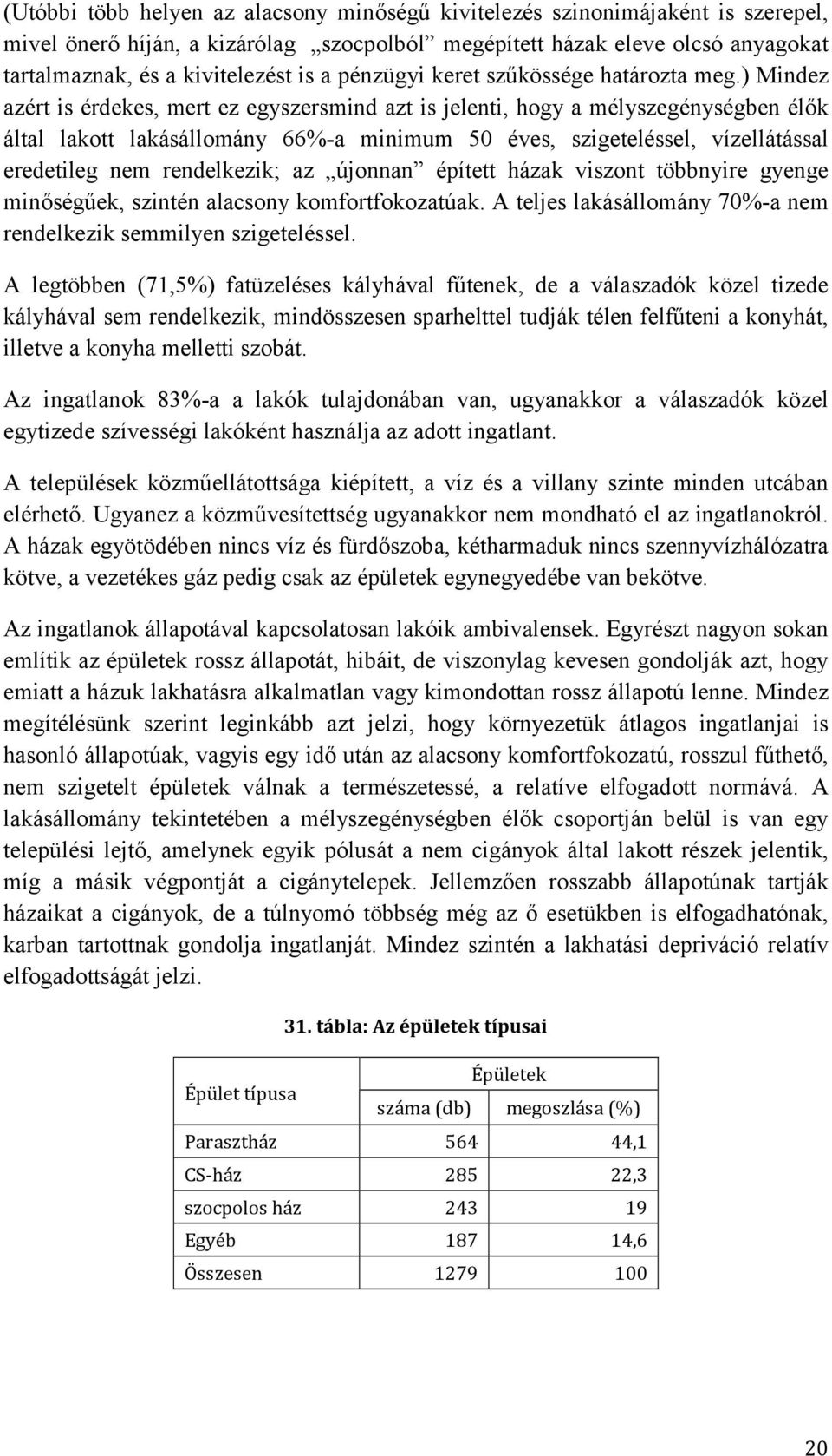 ) Mindez azért is érdekes, mert ez egyszersmind azt is jelenti, hogy a mélyszegénységben élık által lakott lakásállomány 66%-a minimum 50 éves, szigeteléssel, vízellátással eredetileg nem