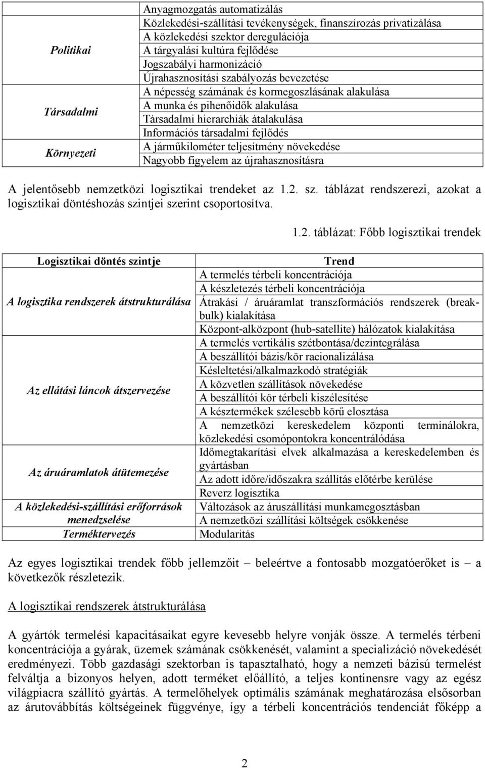 társadalmi fejlődés A járműkilométer teljesítmény növekedése Nagyobb figyelem az újrahasznosításra A jelentősebb nemzetközi logisztikai trendeket az 1.2. sz.