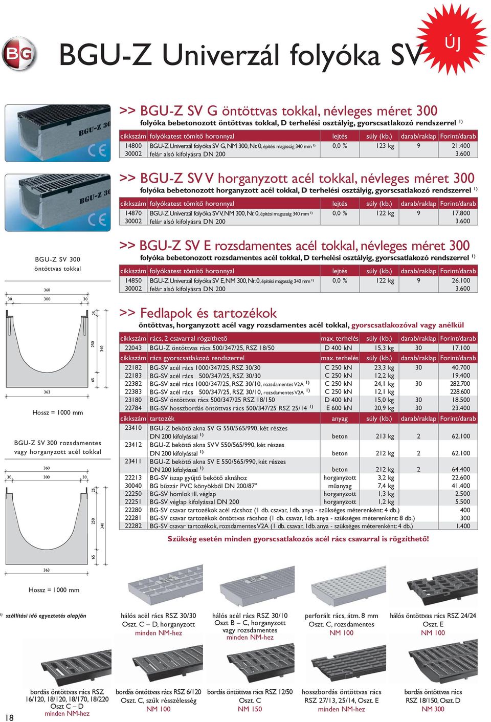 600 >> BGU-Z SV V horganyzott acél tokkal, névleges méret 300 folyóka bebetonozott horganyzott acél tokkal, D terhelési osztályig, gyorscsatlakozó rendszerrel 14870 BGU-Z Univerzál folyóka SV V, NM