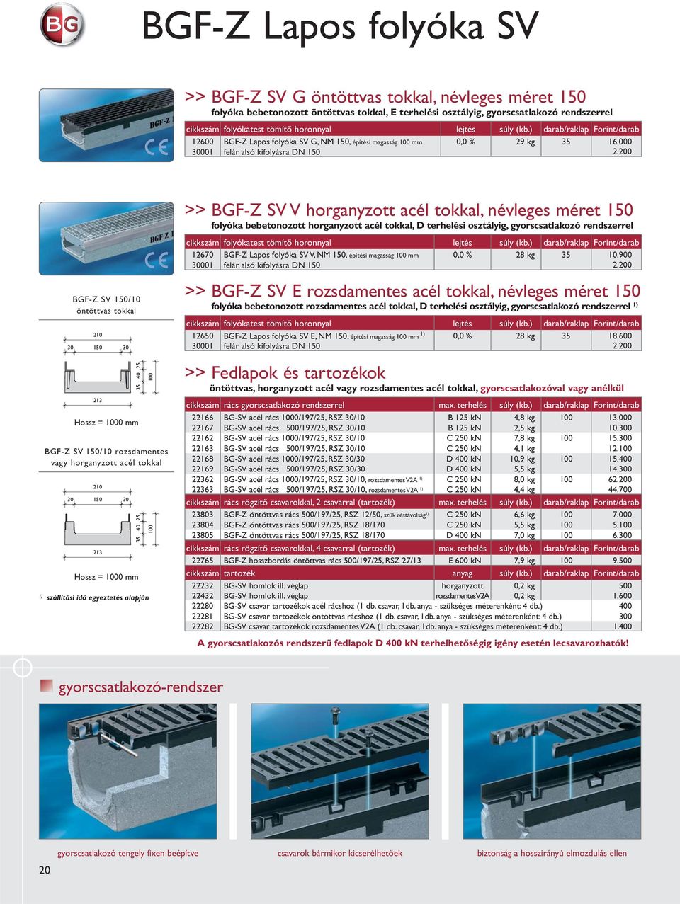 200 >> BGF-Z SV V horganyzott acél tokkal, névleges méret 150 folyóka bebetonozott horganyzott acél tokkal, D terhelési osztályig, gyorscsatlakozó rendszerrel 12670 BGF-Z Lapos folyóka SV V, NM 150,