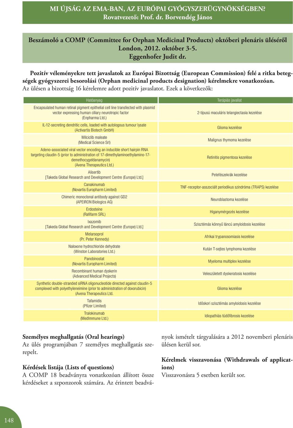 Pozitív véleményekre tett javaslatok az Európai Bizottság (European Commission) felé a ritka betegségek gyógyszerei besorolási (Orphan medicinal products designation) kérelmekre vonatkozóan.